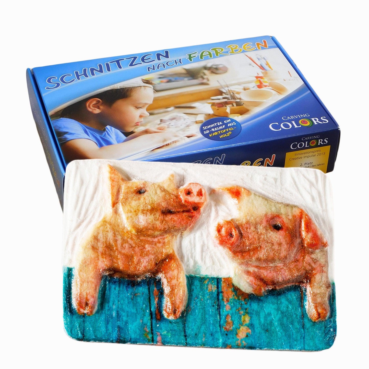 Schnitzen nach Farben - Schnitzbild Schweinchen (ohne Werkzeug)