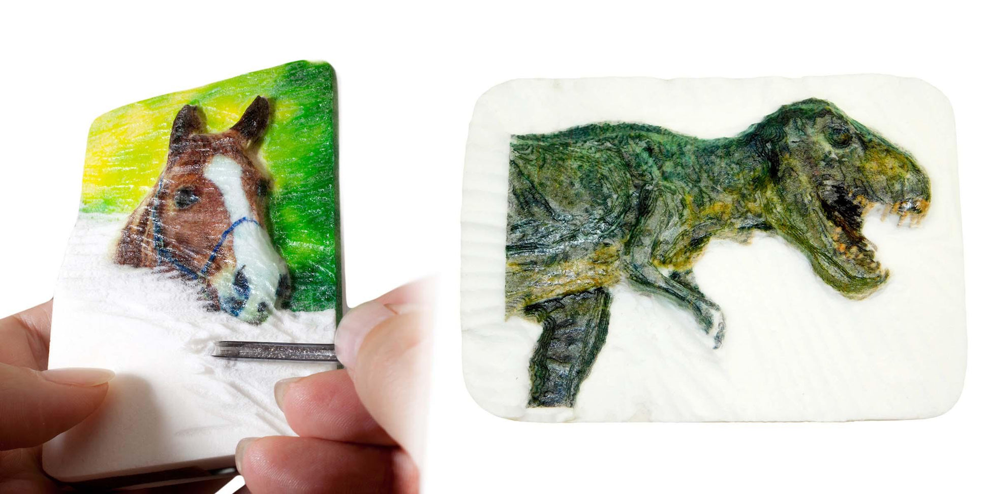 schnitzen nach farben - großes schnitzbild-starterset mit werkzeug schnitzbilder pferd und t-rex